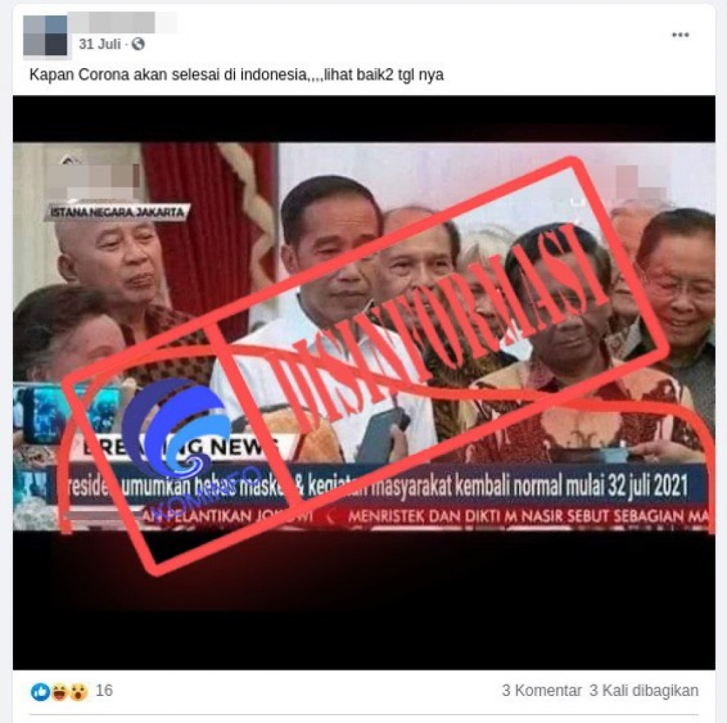 [DISINFORMASI] Presiden Jokowi Umumkan Bebas Masker dan Kegiatan Masyarakat Kembali Normal